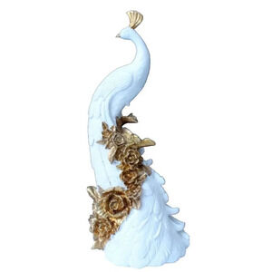 New White Gold Resin MCM Peacock W/ Flowers And Roses State Figure Room Decor